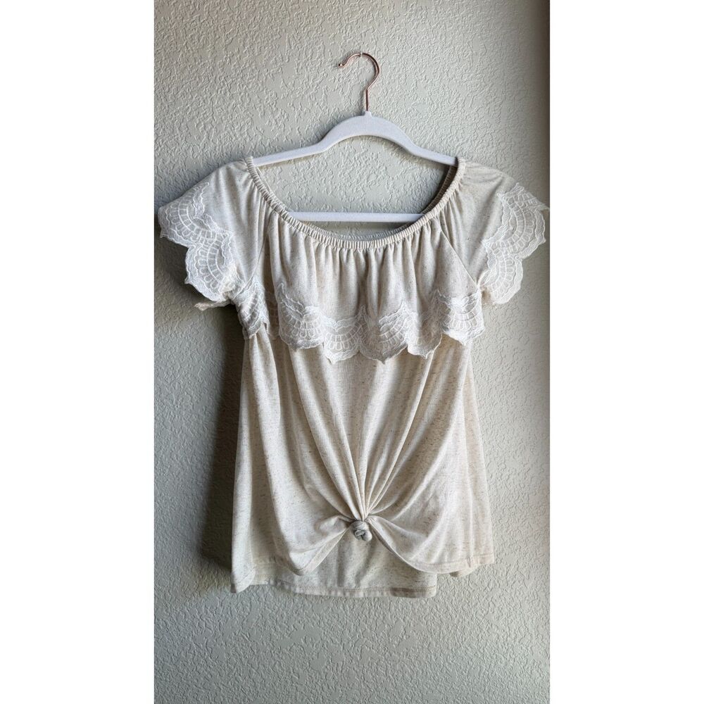 Daniel Rainn Oatmeal Lace Ruffle Off Shoulder Tie Front Top Small